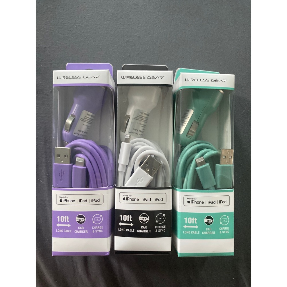 Wireless Gear 10ft LightningCable DualUSB Car Charger Lot of 3 Purple White Teal